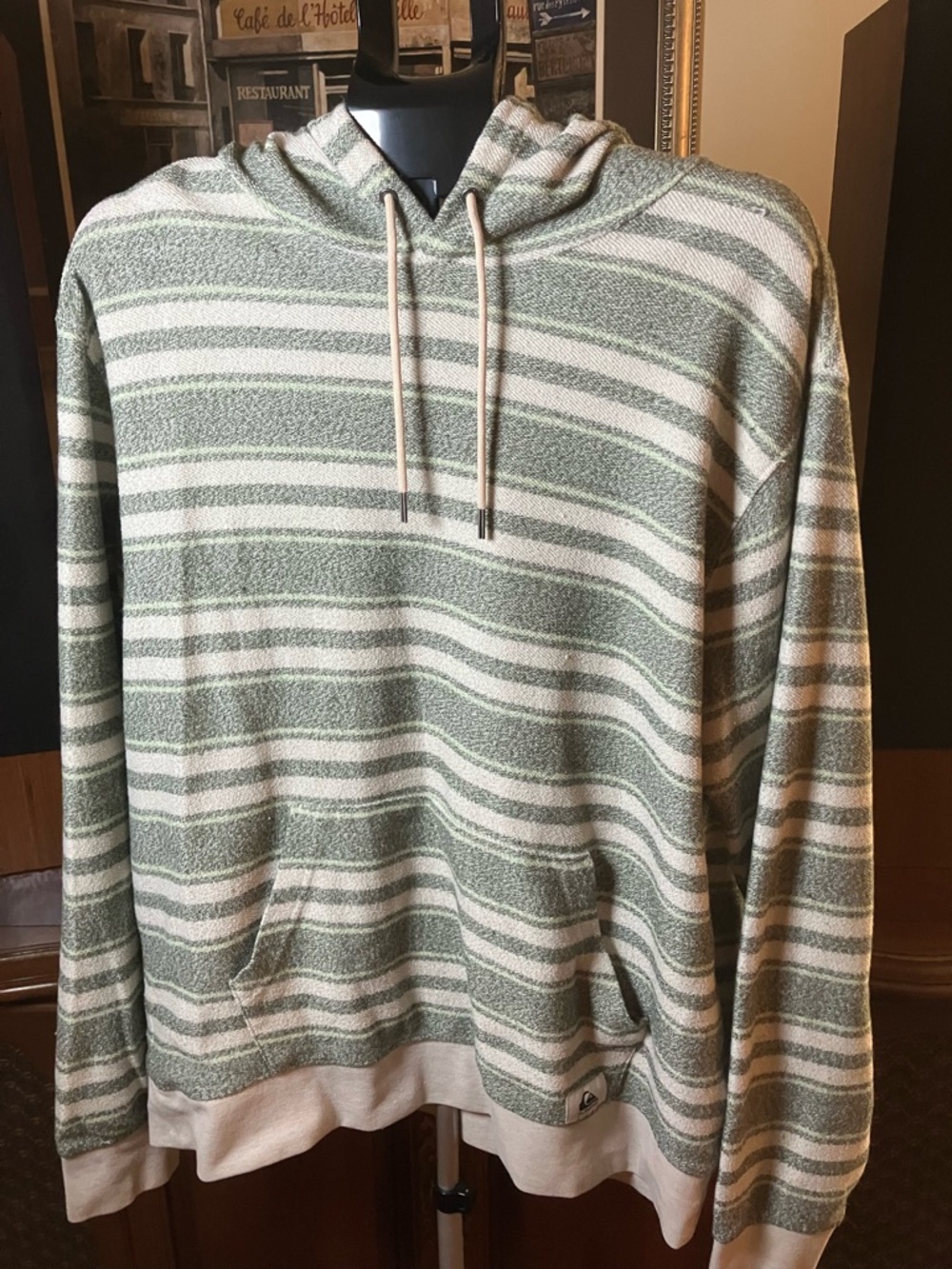 Quiksilver Striped Hoodie XXL Green White Pullover Surf Skate